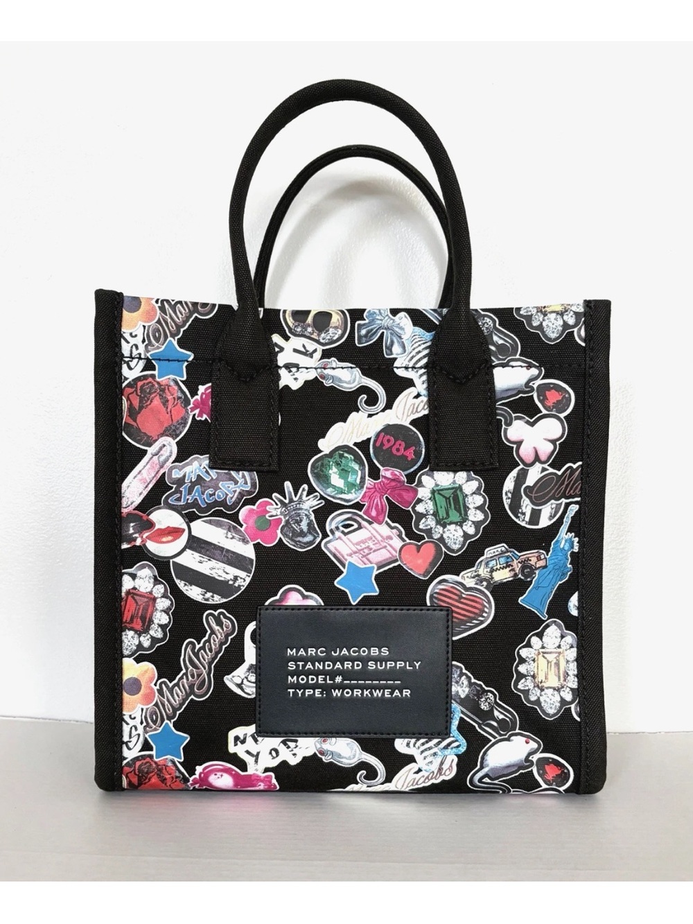New Marc Jacobs Cotton Canvas Graphic Sticker-Print Medium Tote Black Multi